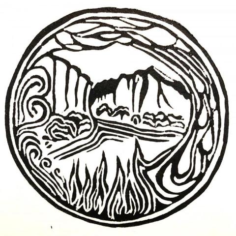 Blockprint showing flames, water, and mountains