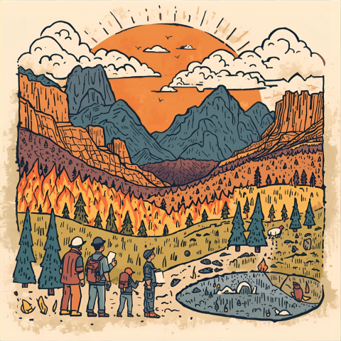 Illustration of people with hardhats and notebooks looking out over a landscape with fire on the ground. 