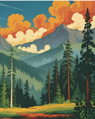 Illustration of a landscape with mountains, conifer trees, and orange clouds