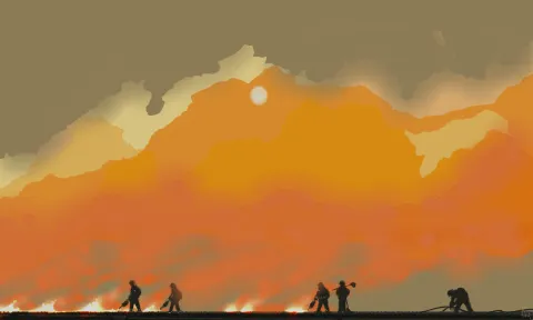 Here my target is to represent the controlled fire by FIREFIGHTERS ALONG THE PLAINS in a way IN WHICH IF YOU look upwards, the smoke coming from these Rx fires could be that coming FROM ACTIVE wildland fire. Thus IS A way to emphasize that we are using the same chemical reaction for prevention purposes. Digital tech artwork. JSerra