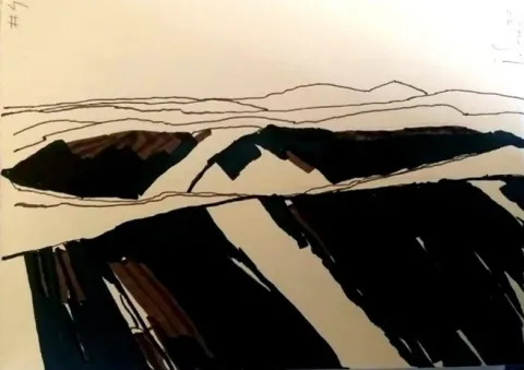 Prescribed fires IN THIS drawing adopt here an interesting view with slope UP AND  down to express that Rx fires are ALSO USED in that complex topographies, in that case in different timelines. This give us a peculiar RESULTING LANDSCAPE in A WAY of mosaicism OF COLOR COMBINING BLACK and white but it COULD BE also IMAGINED AS green/black duality. Ink tech. J Serra