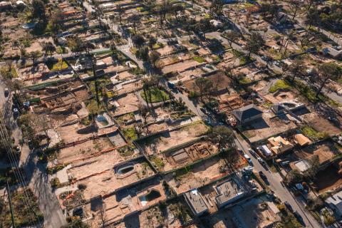 Drone view of empty lots of homes left behind from the Eaton fire, Pacific Palisades. January 2025