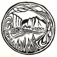 Blockprint showing flames, water, and mountains