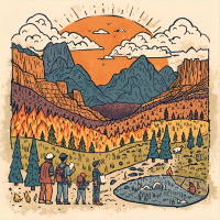 Illustration of people with hardhats and notebooks looking out over a landscape with fire on the ground. 