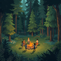 Illustration of people around a campfire in the woods
