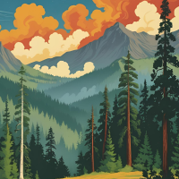Illustration of a landscape with mountains, conifer trees, and orange clouds