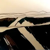 Prescribed fires IN THIS drawing adopt here an interesting view with slope UP AND  down to express that Rx fires are ALSO USED in that complex topographies, in that case in different timelines. This give us a peculiar RESULTING LANDSCAPE in A WAY of mosaicism OF COLOR COMBINING BLACK and white but it COULD BE also IMAGINED AS green/black duality. Ink tech. J Serra