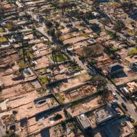 Drone view of empty lots of homes left behind from the Eaton fire, Pacific Palisades. January 2025